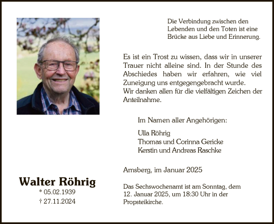 Todesanzeige von Walter Röhrig von WA