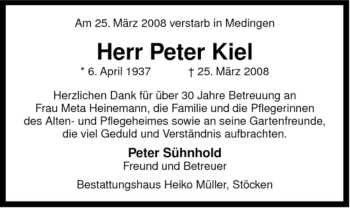 Todesanzeige von Peter Kiel von ALLGEMEINE ZEITUNG UELZEN