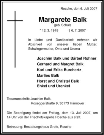 Todesanzeige von Margarete Balk von ALLGEMEINE ZEITUNG UELZEN