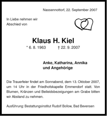 Todesanzeige von Klaus H. Kiel von ALLGEMEINE ZEITUNG UELZEN