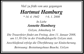 Todesanzeige von Hartmut Hamburg von ALLGEMEINE ZEITUNG UELZEN