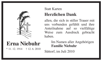 Todesanzeige von Erna Niebuhr von ALLGEMEINE ZEITUNG UELZEN