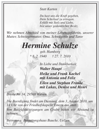 Todesanzeige von Hermine Schulze von ALLGEMEINE ZEITUNG UELZEN