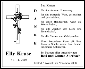 Todesanzeige von Elly Kruse von ALLGEMEINE ZEITUNG UELZEN