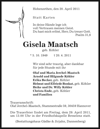 Todesanzeige von Gisela Maatsch von ALLGEMEINE ZEITUNG UELZEN