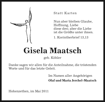 Todesanzeige von Gisela Maatsch von ALLGEMEINE ZEITUNG UELZEN