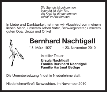 Todesanzeige von Bernhard Nachtigall von ALLGEMEINE ZEITUNG UELZEN