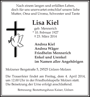 Todesanzeige von Lisa Kiel von Uelzen