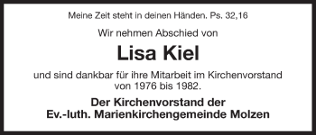 Todesanzeige von Lisa Kiel von Uelzen