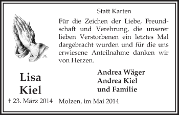 Todesanzeige von Lisa Kiel von Uelzen