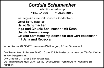 Todesanzeige von Cordula Schumacher von ALLGEMEINE ZEITUNG UELZEN