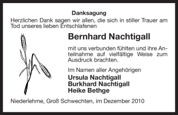 Todesanzeige von Bernhard Nachtigall von ALLGEMEINE ZEITUNG UELZEN