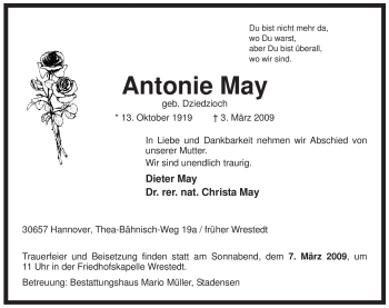 Todesanzeige von Antonie May von ALLGEMEINE ZEITUNG UELZEN