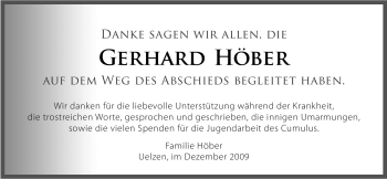 Todesanzeige von Gerhard Höber von ALLGEMEINE ZEITUNG UELZEN