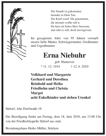 Todesanzeige von Erna Niebuhr von ALLGEMEINE ZEITUNG UELZEN