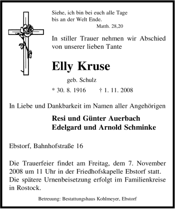 Todesanzeige von Elly Kruse von ALLGEMEINE ZEITUNG UELZEN