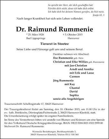 Todesanzeige von Raimund Rummenie von Uelzen