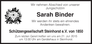 Todesanzeige von Sarah Binder von Uelzen