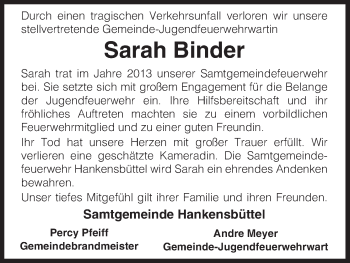 Todesanzeige von Sarah Binder von Uelzen