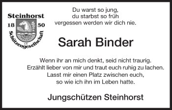 Todesanzeige von Sarah Binder von Uelzen