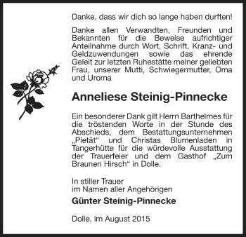 Todesanzeige von Anneliese Steinig-Pinnecke von Uelzen