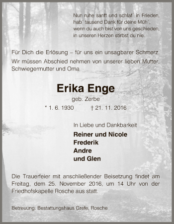 Todesanzeige von Erika Enge von Uelzen