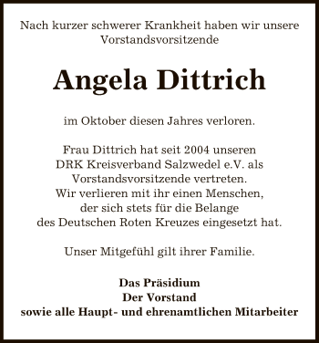 Todesanzeige von Angela Dittrich von Uelzen