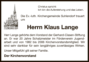 Todesanzeige von Klaus Lange von Uelzen