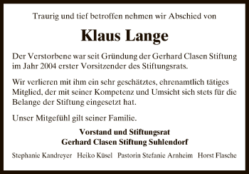 Todesanzeige von Klaus Lange von Uelzen