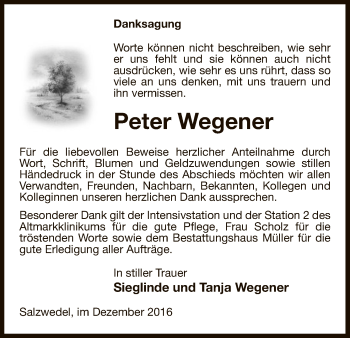 Todesanzeige von Peter Wegener von Uelzen