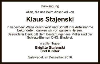 Todesanzeige von Klaus Stajenski von Uelzen