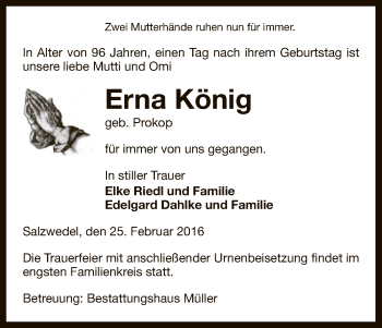 Todesanzeige von Erna König von Uelzen