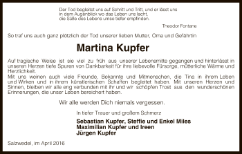 Todesanzeige von Martina Kupfer von Uelzen