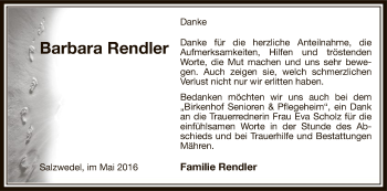 Todesanzeige von Barbara Rendler von Uelzen