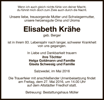 Todesanzeige von Elisabeth Krähe von Uelzen