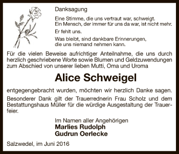 Todesanzeige von Alice Schweigel von Uelzen