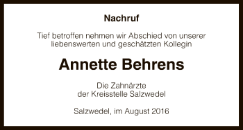 Todesanzeige von Anette Behrens von Uelzen