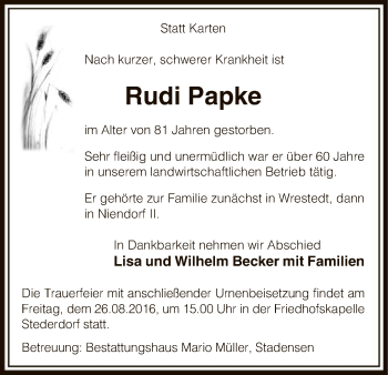 Todesanzeige von Rudi Papke von Uelzen