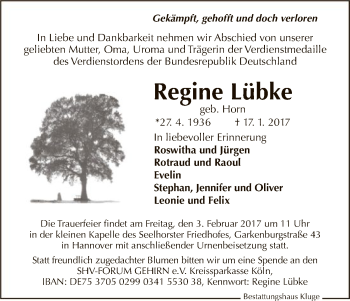 Todesanzeige von Regine Lübke von Uelzen