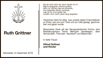 Todesanzeige von Ruth Grittner von Uelzen