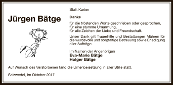 Todesanzeige von Jürgen Bätge von Uelzen