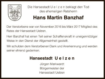 Todesanzeige von Martin Banzhaf von Uelzen