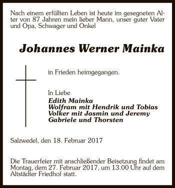 Todesanzeige von Johannes Werner Mainka von Uelzen