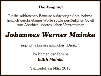 Todesanzeige von Johannes Werner Mainka von Uelzen