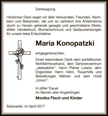 Todesanzeige von Maria Konopatzki von Uelzen