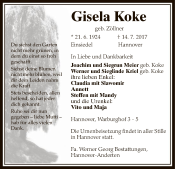 Todesanzeige von Gisela Koke von Uelzen