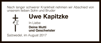 Todesanzeige von Uwe Kapitzke von Uelzen