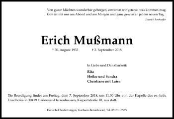 Todesanzeige von Erich Mußmann von Uelzen