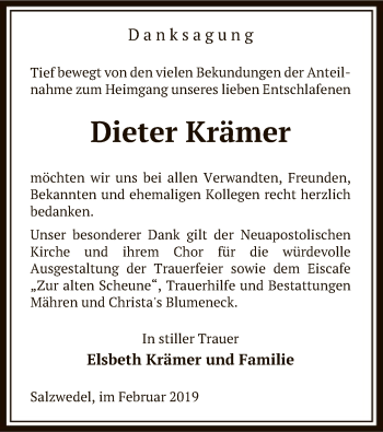 Todesanzeige von Dieter Krämer von Uelzen