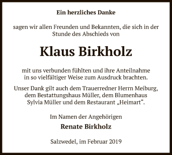 Todesanzeige von Klaus Birkholz von Uelzen